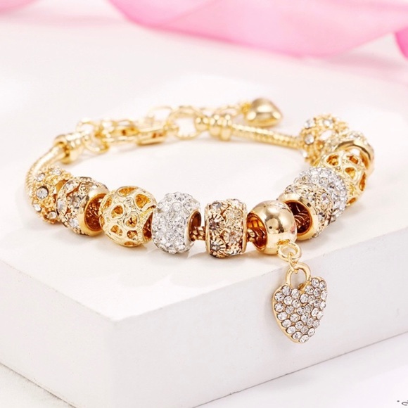 14K Gold Plated Snake Chain Heart Charm Bracelet for Women - Picture 4 of 4